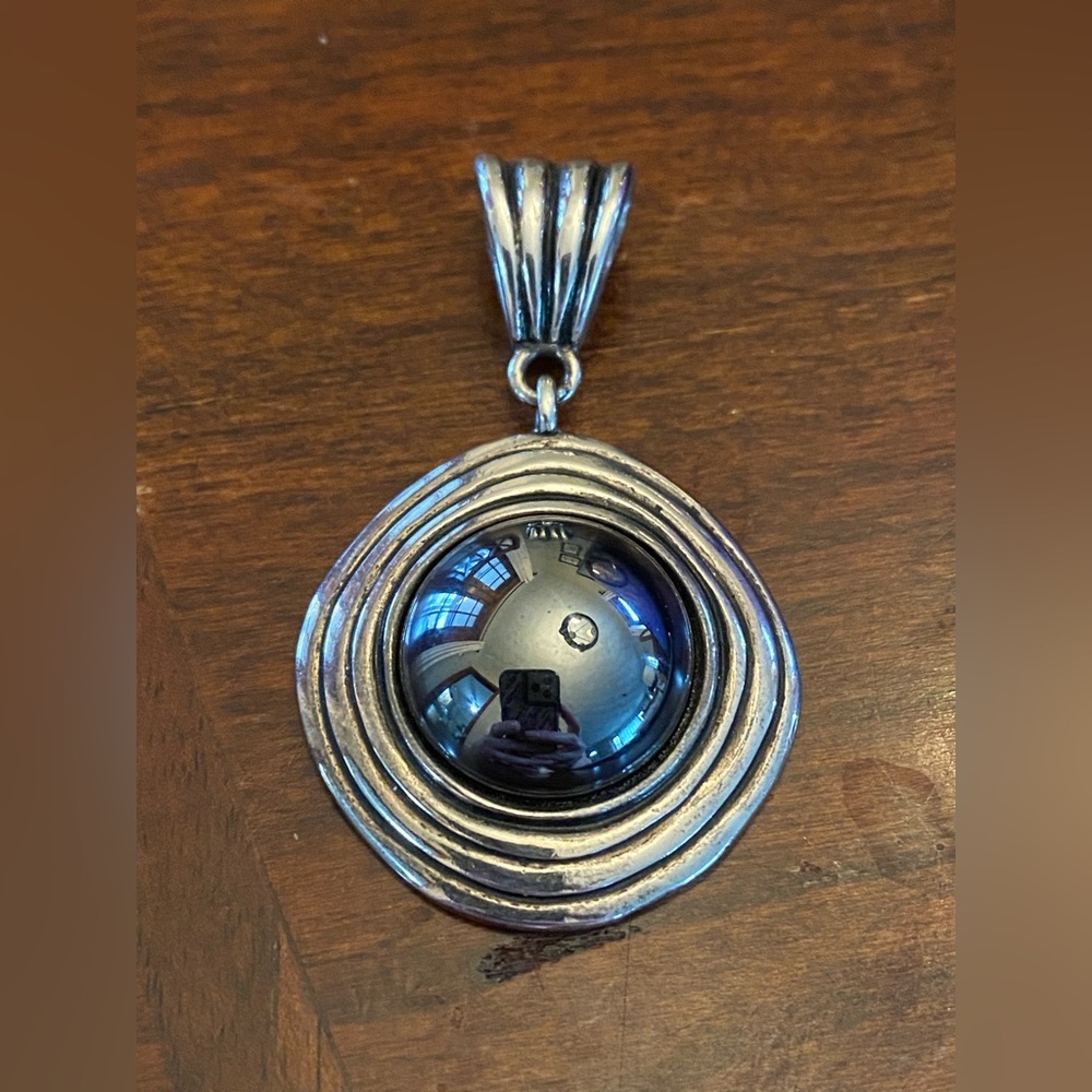 Vintage Premier Designs Silver-Toned Eclipse Pendant Dome Faux Hematite Center